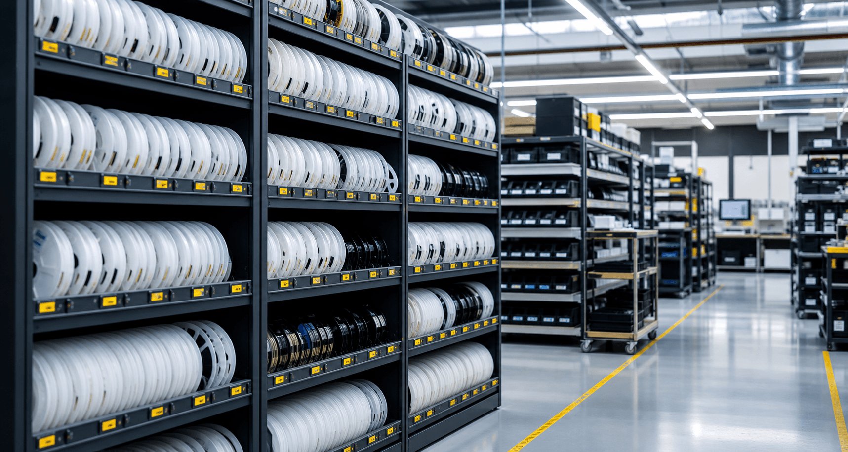 Modern SMD component storage racks filled with organized reels in an EMS warehouse