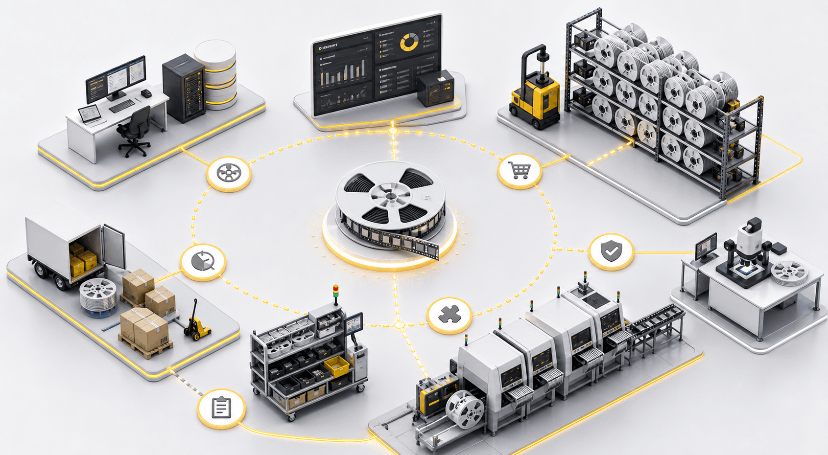 Isometric electronics manufacturing traceability network connecting storage, production, quality, and systems
