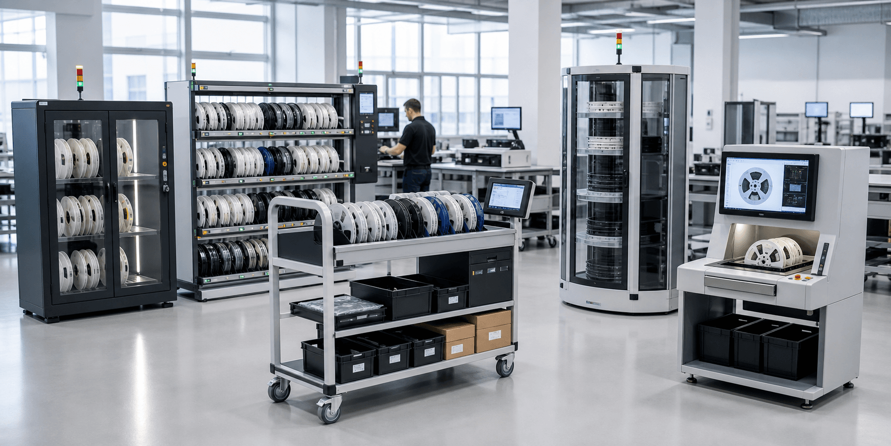 Smart SMD storage ecosystem with racks, dry cabinet, automated tower, X-ray counter, and mobile cart