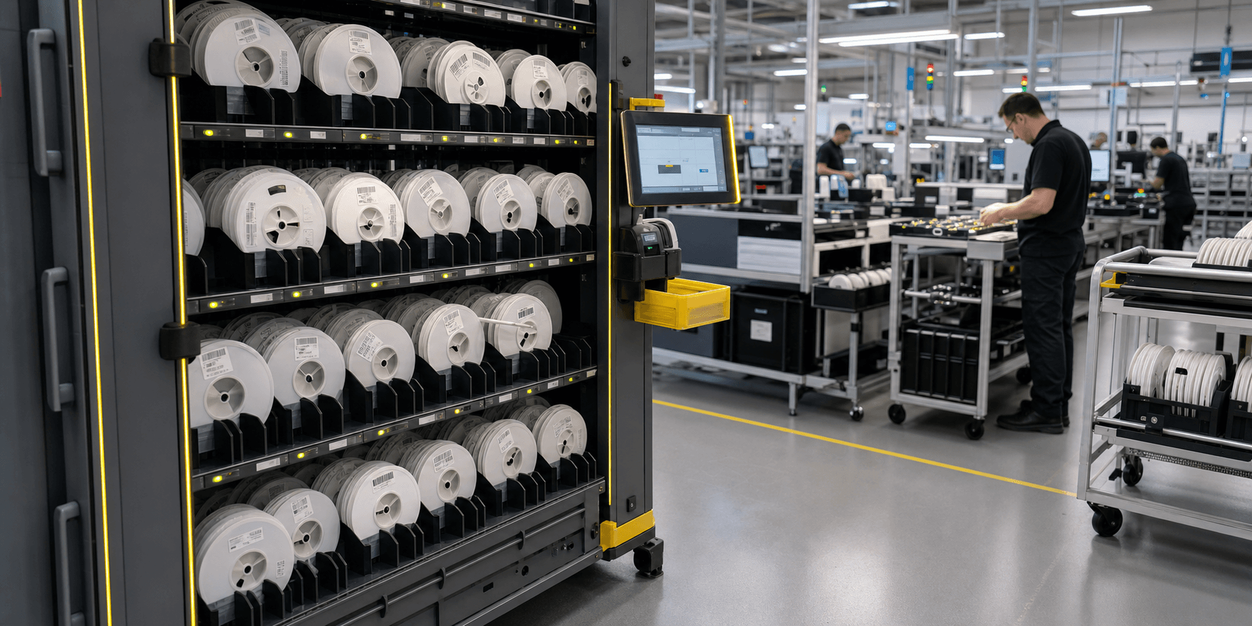 Smart SMD storage rack beside production preparation tables in an electronics factory