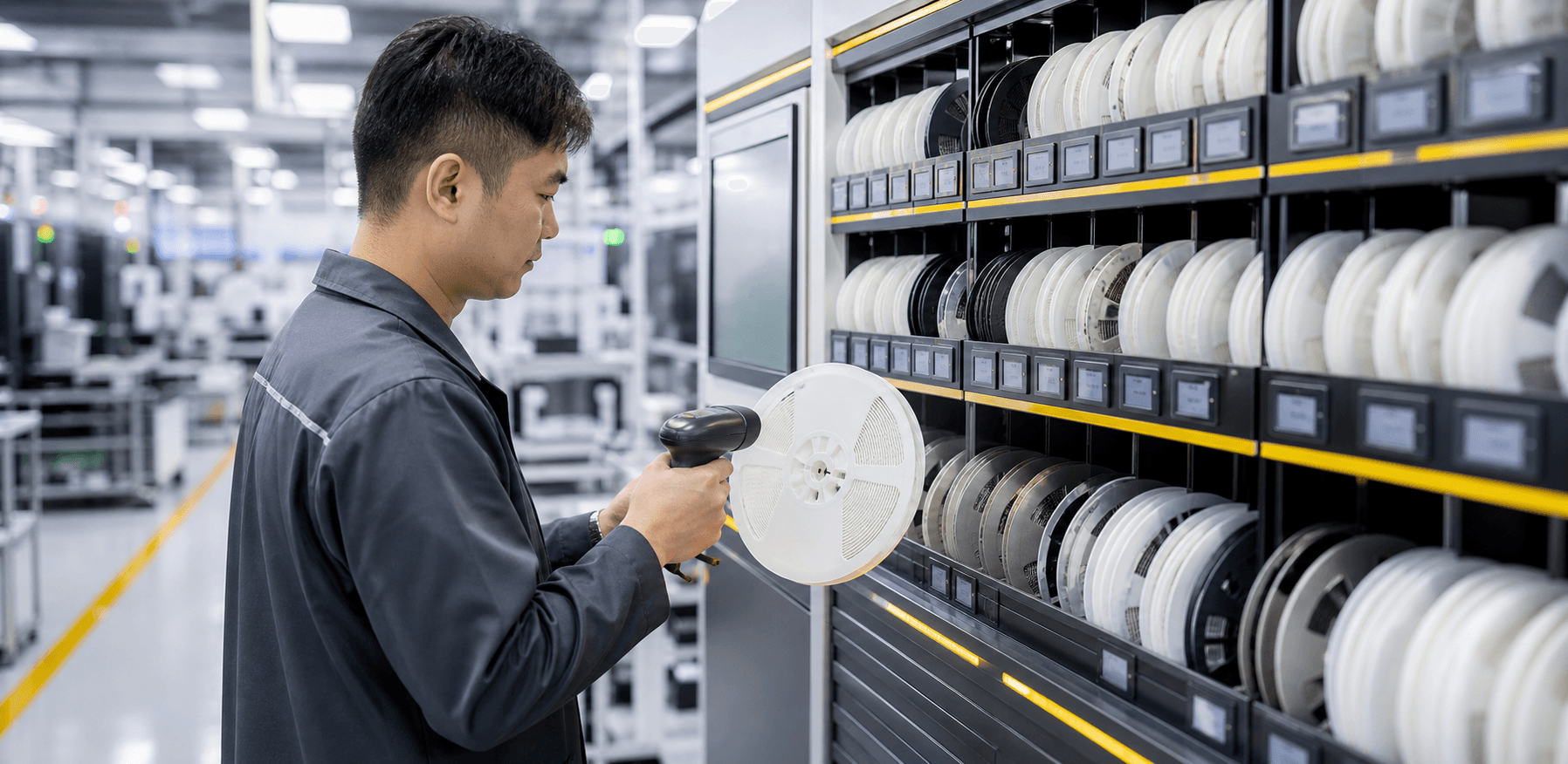 Technician scanning an SMD component reel in a smart storage area
