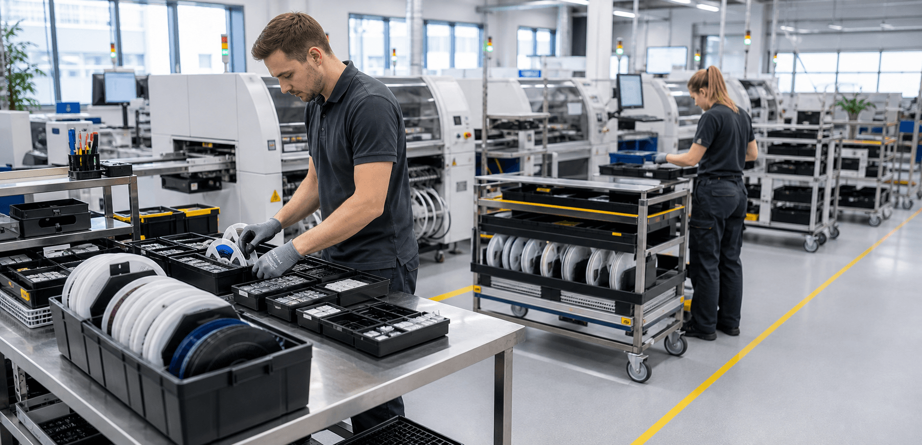 Technicians preparing SMD component kits at line-side kitting tables in an EMS factory