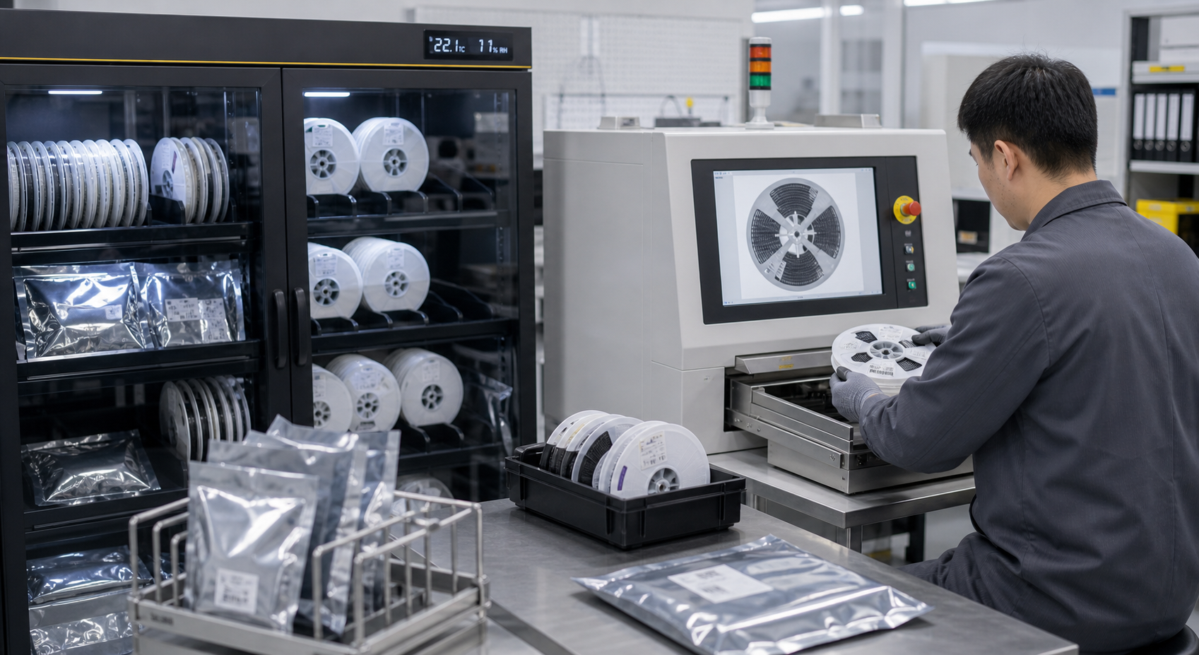 Moisture-controlled SMD storage and X-ray reel counting workflow in an electronics quality area