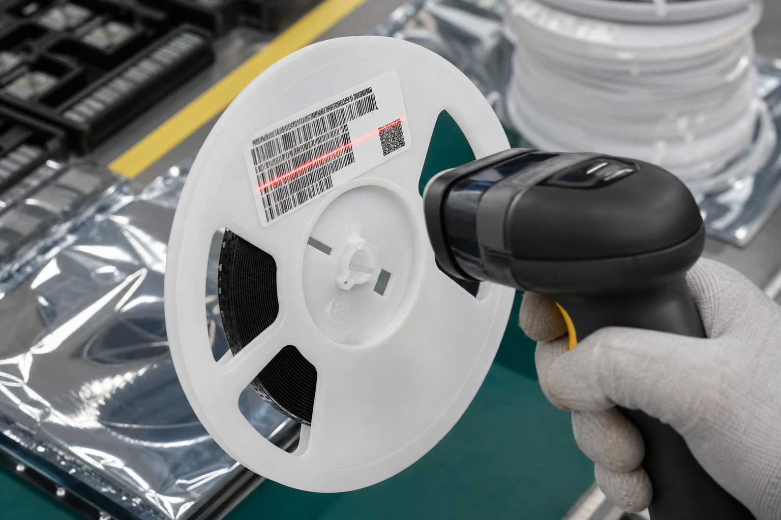 Close-up of an SMD reel barcode being scanned for traceability