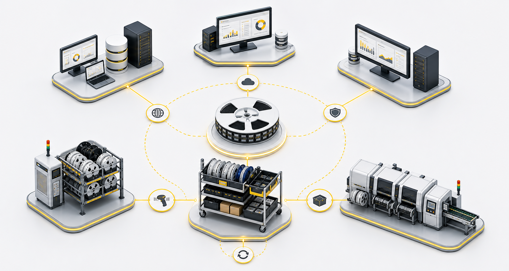Neutral international manufacturing systems integration diagram for SMT material flow