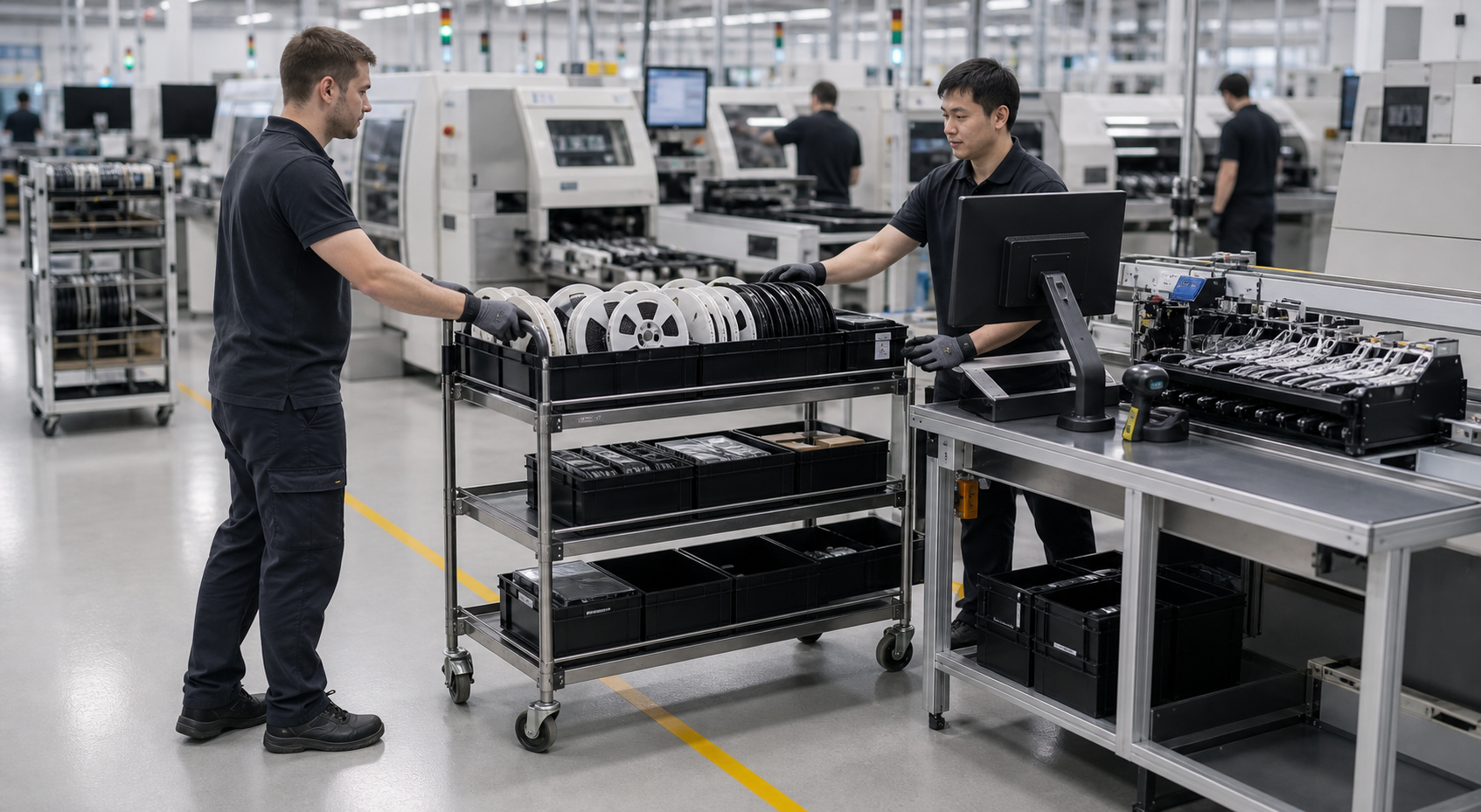 Prepared SMD reel cart being handed off at an SMT line-side preparation station