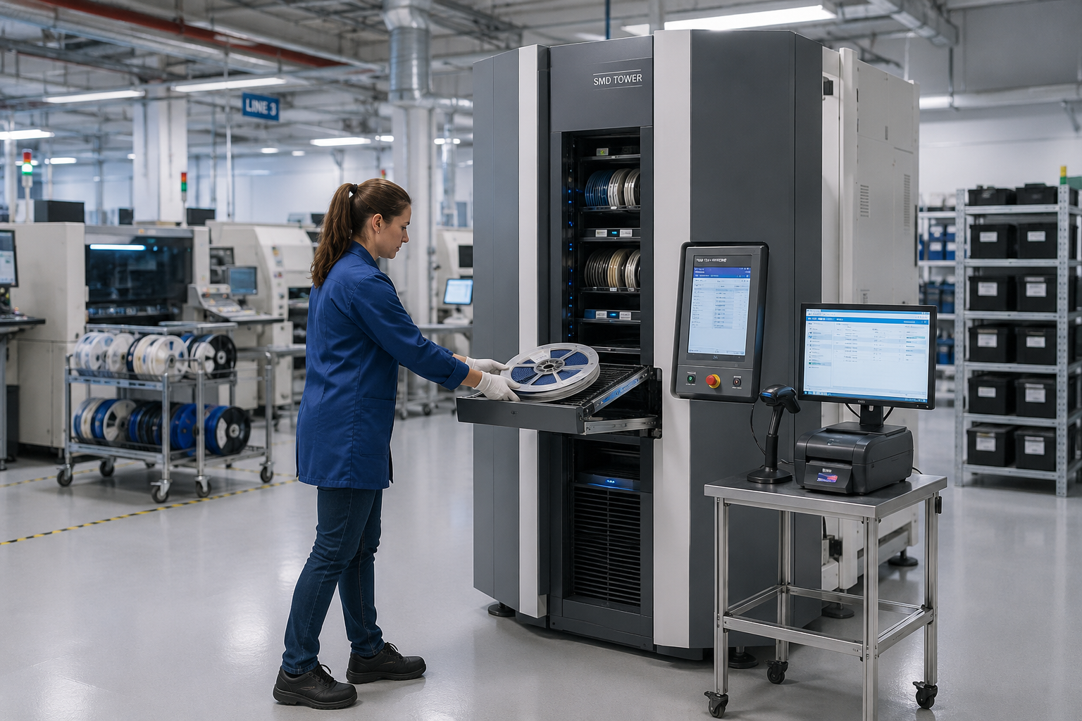 Operator retrieving a component reel from an automated SMD tower in an electronics manufacturing facility