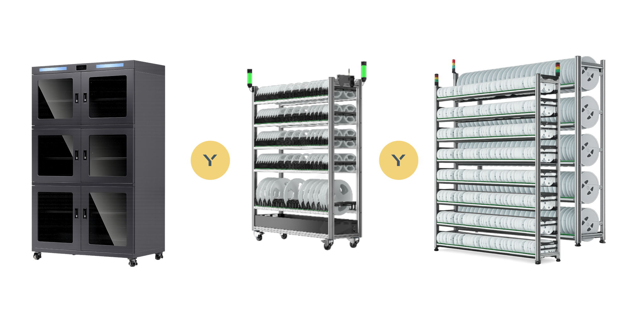 Isometric view of a pick-to-light smart storage rack with an illuminated reel position and an operator confirming the pick