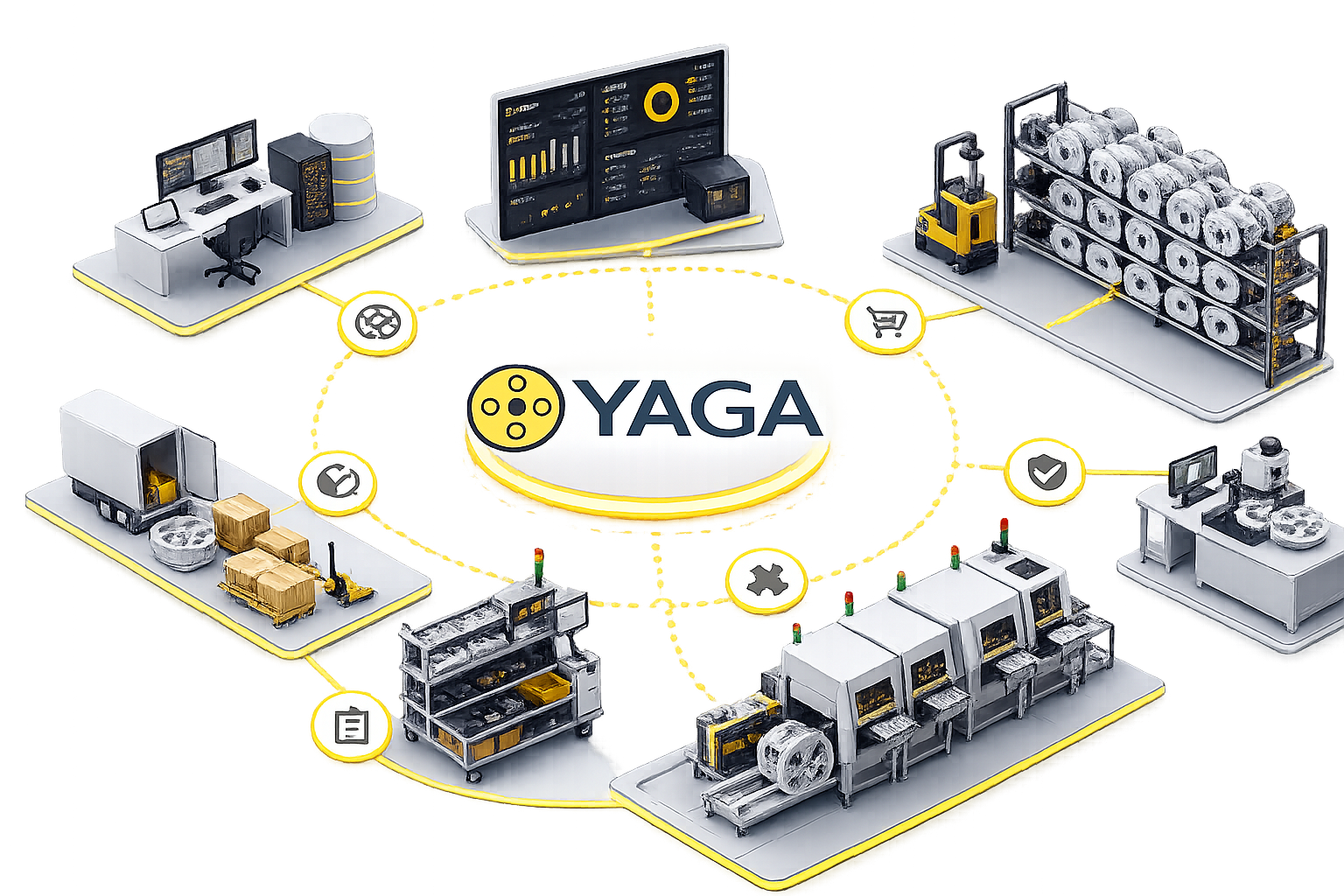 Isometric view of distributed smart storage zones connected by one software layer across an EMS factory
